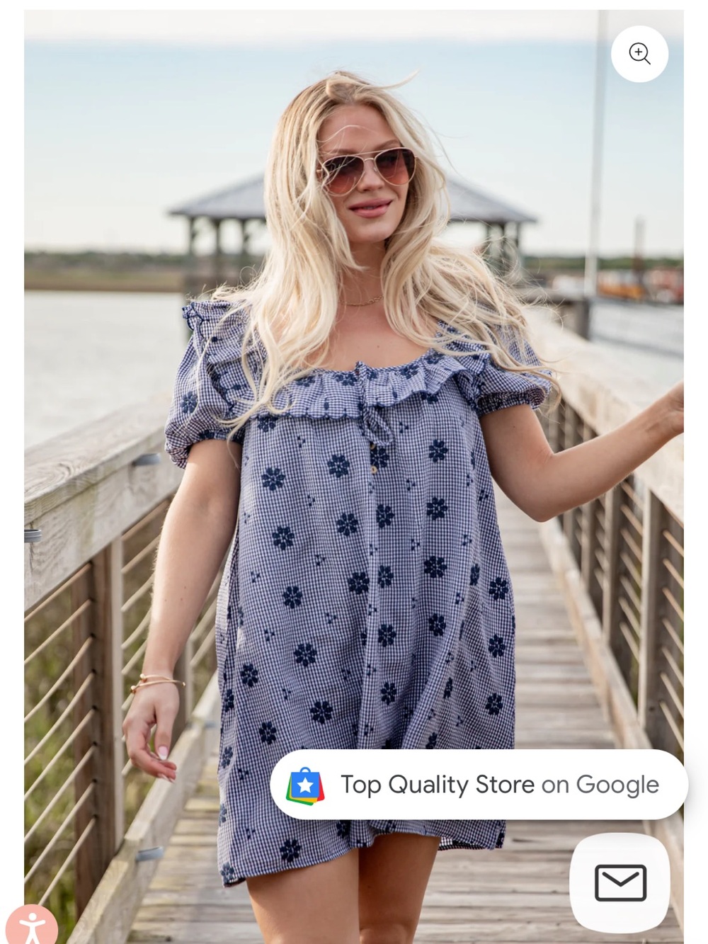 Blue Floral Gingham Mini Dress with Ruffle Square Neck